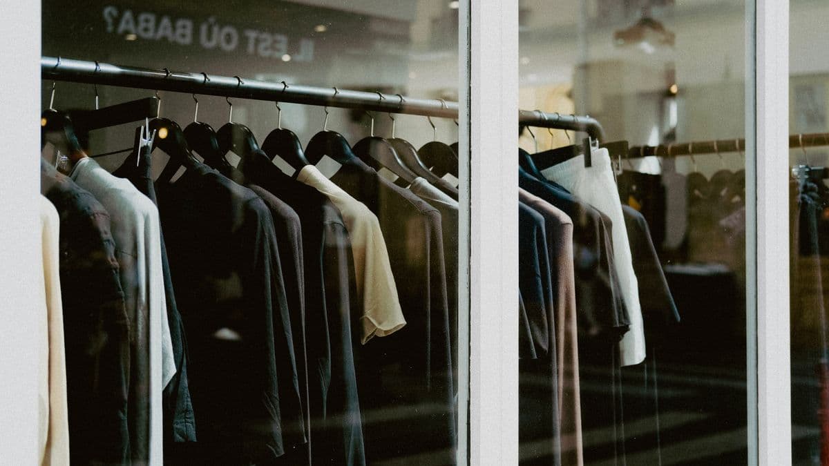 Clothing on hangers in a fashion store